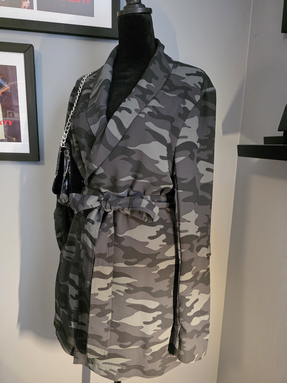 Maison Cinqcent Funtional Gray Camouflage Belted Jacket with Shawl Collar Size L